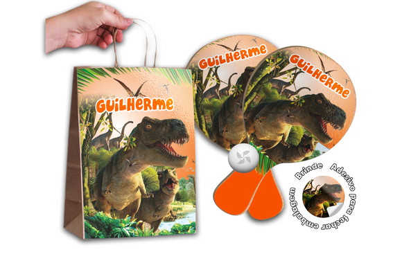 Kit Sacola de Papel e Raquete Ping Pong - Dinossauro