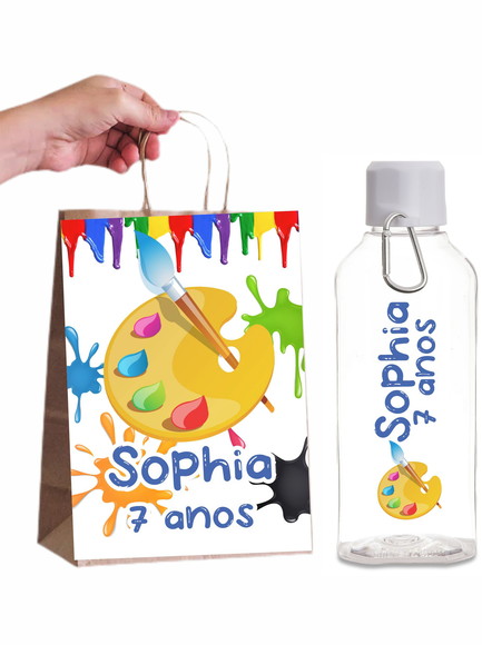 Kit Sacola de Papel e Garrafa Personalizada Aquarela