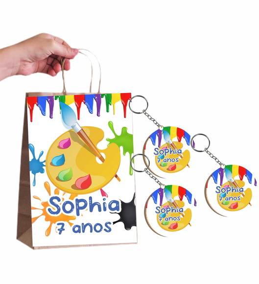 Kit Sacola de Papel e Chaveiro Personalizados Aquarela