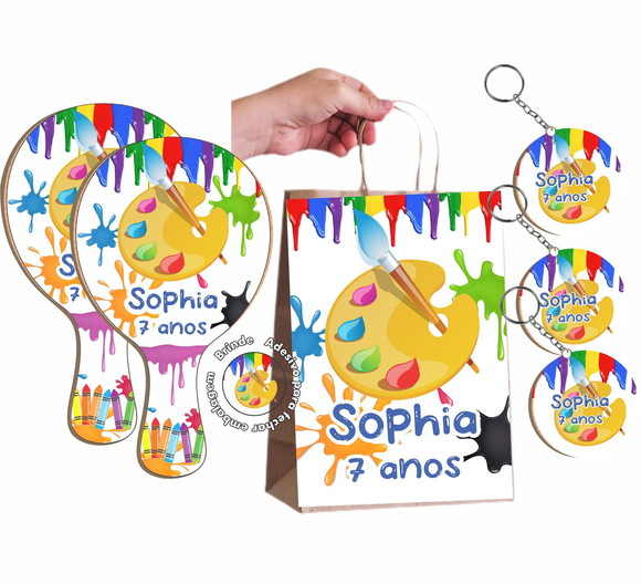 Sacola de Papel, Chaveiro e Raquete Ping Pong - Aquarela