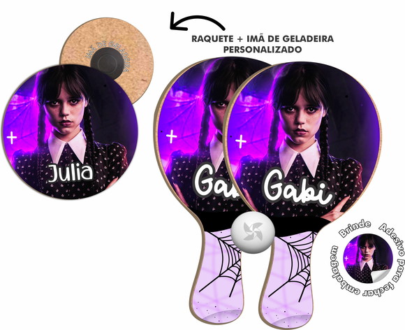 Kit Raquetes Ping Pong + Imã de Geladeira - Wandinha Addams