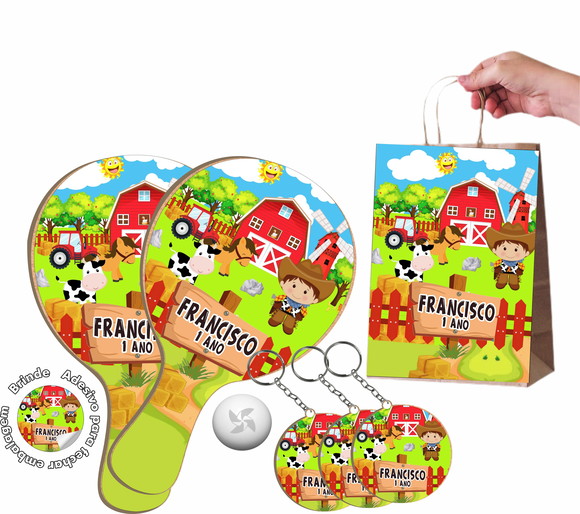 Sacola de Papel, Chaveiro e Raquete Ping Pong - Fazendinha