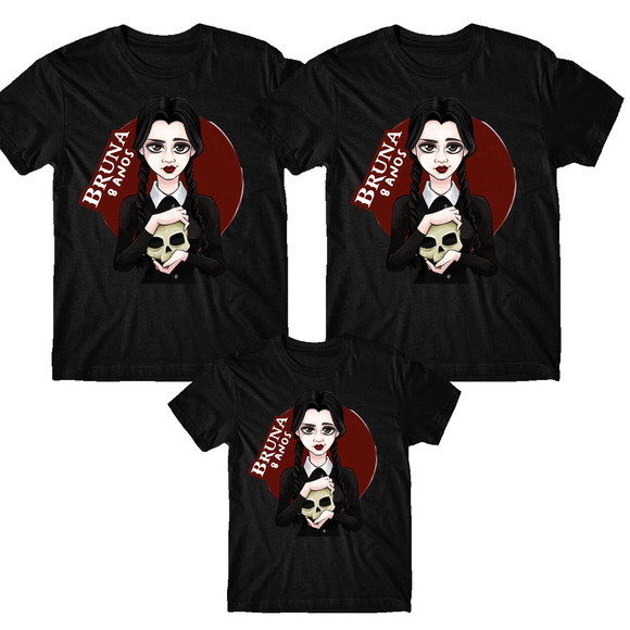 Kit 3 Camisetas Pai, Mãe Filho Wandinha Addams