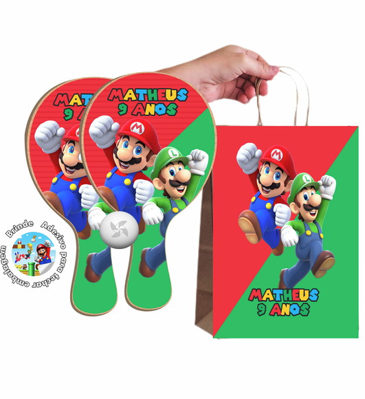 Kit Sacola de Papel e Raquete Ping Pong - Mario Bross