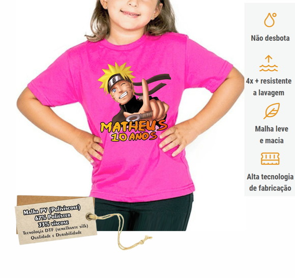 Camiseta Festa Aniversário Infantil Naruto Rosa