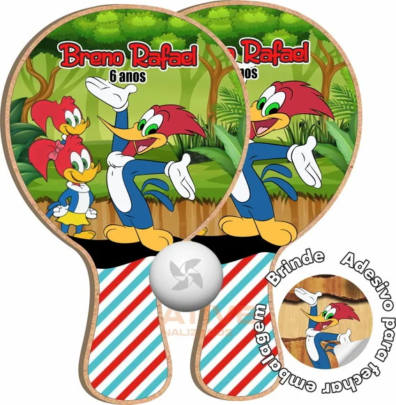 Kit Raquetes Ping Pong Tema Pica Pau