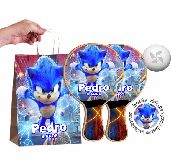 Kit Sacola de Papel e Raquete Ping Pong - Sonic Filme