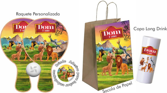 Kit Raquete Sacola e Copo Long Drink Tema Rei Leão