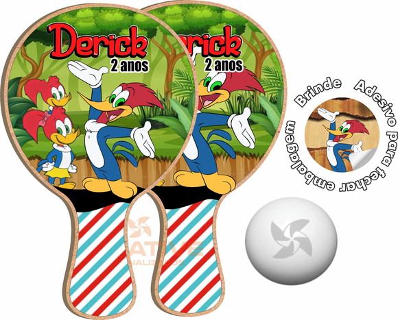 Kit Raquetes Ping Pong Tema Pica Pau