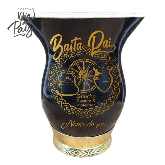 Cuia chimarrão porongo preto pé de metal dourado