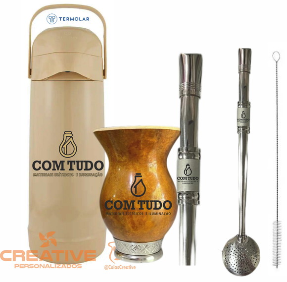 Kit chimarrão cuia bomba e garrafa térmica 1L logomarca