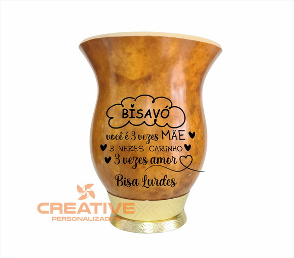Cuia chimarrão com pé dourado gravada a laser com frase
