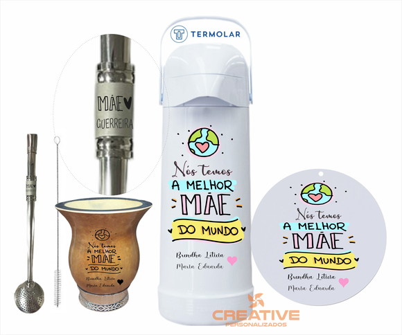 Kit chimarrão cuia bomba e garrafa 1L - Dia das Mães - 4pçs