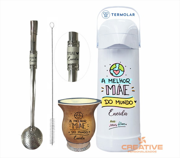 Kit chimarrão cuia bomba e garrafa 1L - Dia das Mães - 3pçs