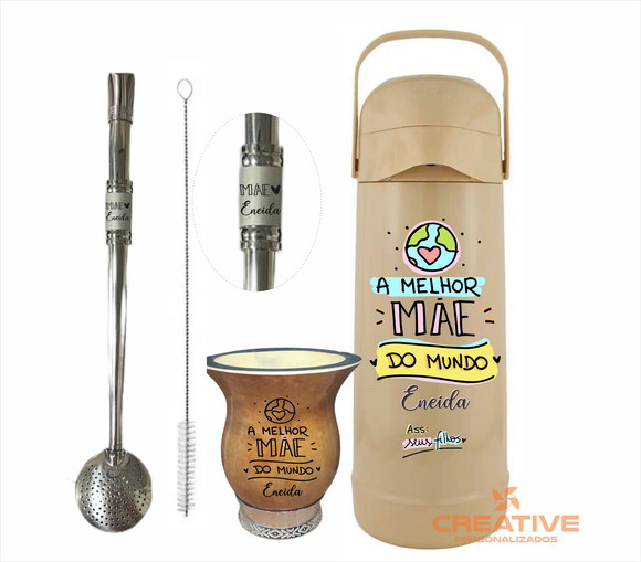 Kit chimarrão cuia bomba e garrafa 1L - Dia das Mães - 3pçs