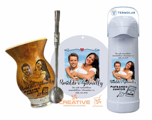Kit chimarrão cuia bomba e garrafa 1L - Dia Namorados - 4pçs