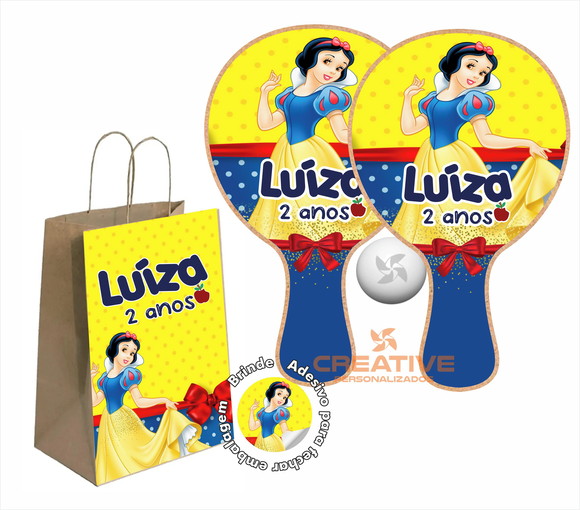 Kit Sacola de Papel e Raquete Ping Pong - Branca de Neve