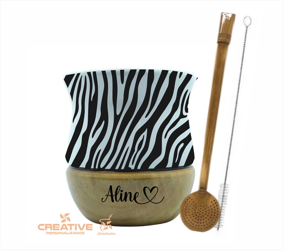 cuia chimarrão madeira premium com bomba inox animal print