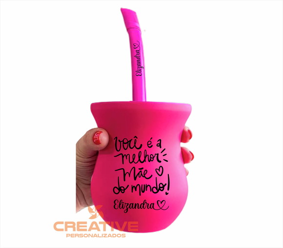 cuia chimarrão madeira personalizada rosa neon e bomba inox