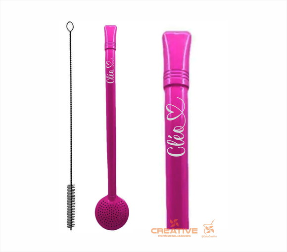 Bomba Chimarrão Inox bocal duplo Personalizada rosa