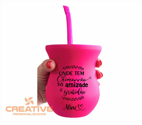 cuia e bomba chimarrão madeira imbuia personalizada rosa