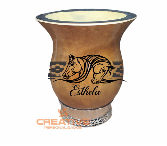Cuia chimarrão com pé prata cavalo personalizada faixa pampa