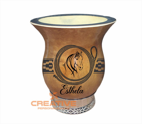 Cuia chimarrão com pé prata cavalo personalizada faixa pampa