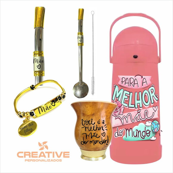 Kit chimarrão dia das mães cuia garrafa e bomba 5 peças
