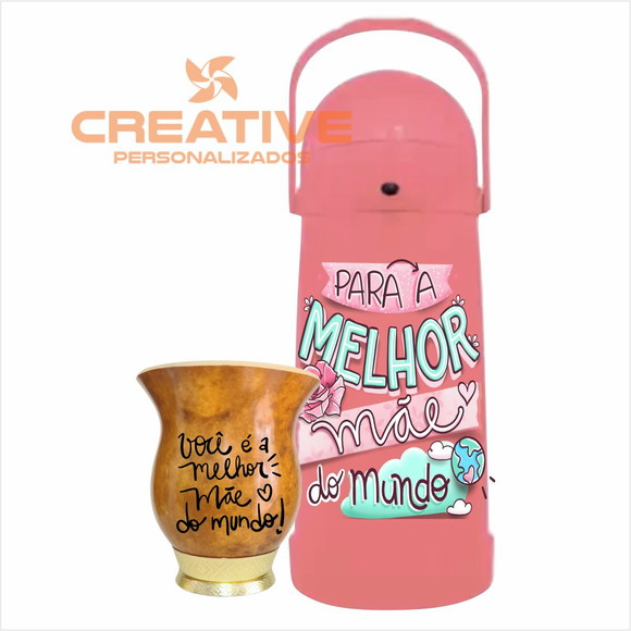 Kit chimarrão cuia pé dourado e térmica 1 Litro dia das mães