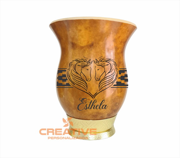 Cuia chimarrão com pé dourado personalizada cavalo