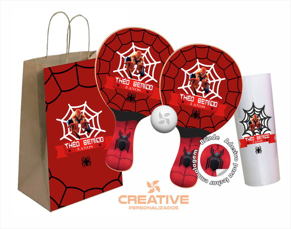 Kit Sacola de Papel e Raquete Ping Pong e Copo Homem Aranha