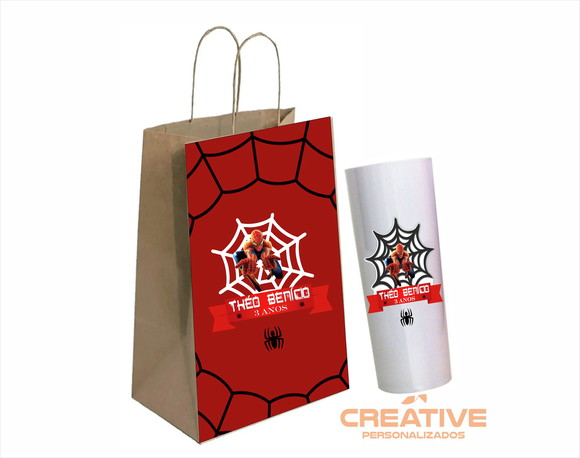 Kit Sacola de papel e copo long drink tema homem aranha