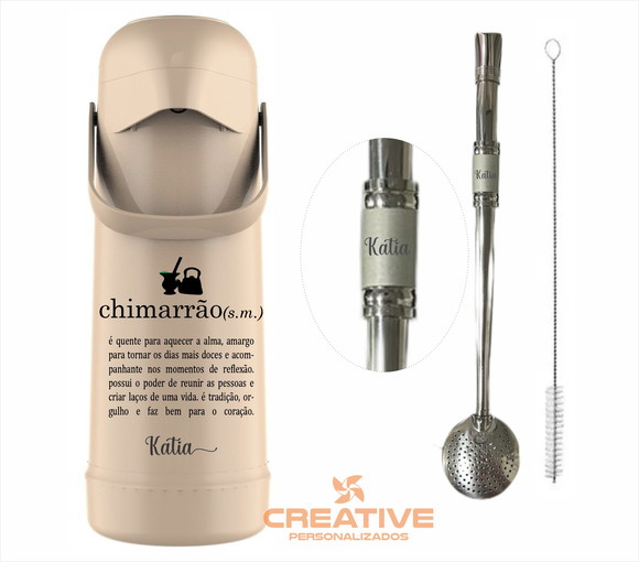 Térmica bege 1Litro termolar e bomba chimarrão inox 24cm