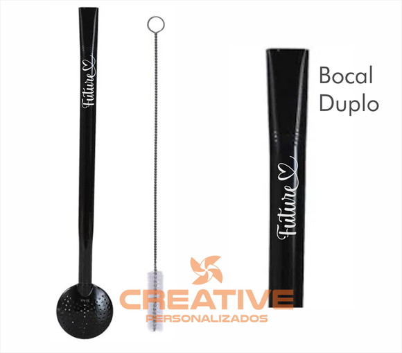 Bomba Chimarrão Inox bocal duplo Personalizada cor preta