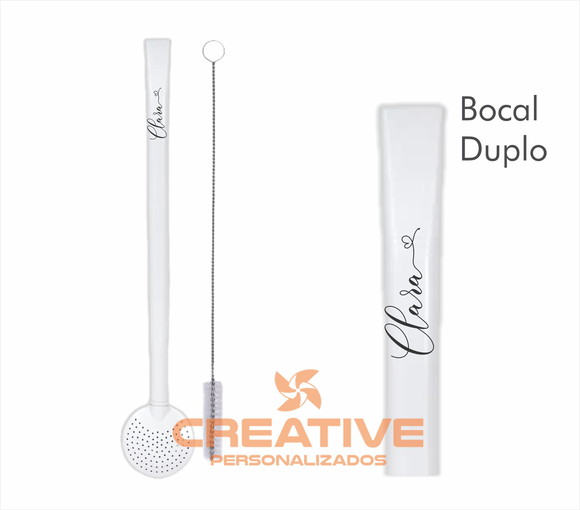 Bomba Chimarrão Inox bocal duplo Personalizada branca