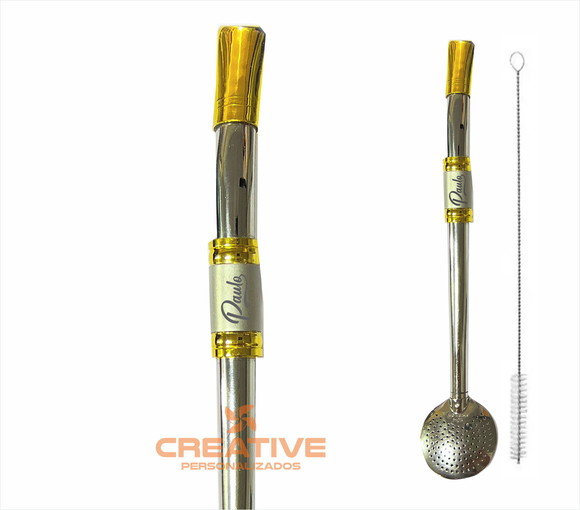 Bomba Chimarrão Inox Personalizada 21cm altura dourada nome