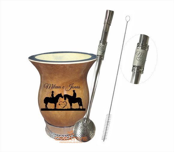 kit Cuia em porongo com pé prata e bomba inox cavalo casal