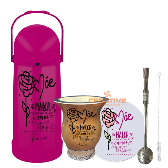 Kit chimarrão cuia bomba e garrafa 1L - Dia das Mães - 4pçs