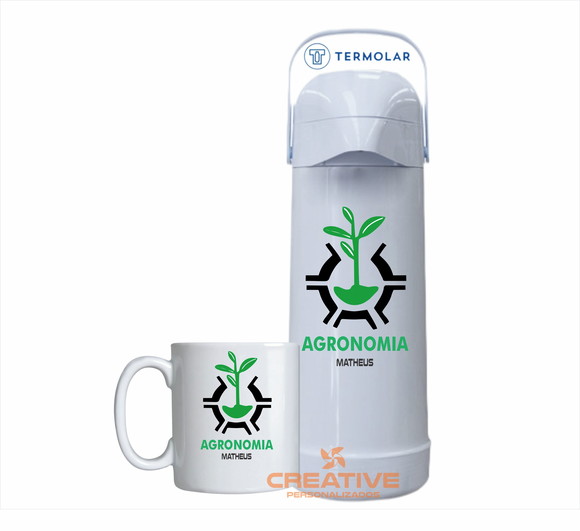 kit café garrafa térmica e caneca tradicional - agronomia