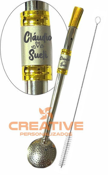 Bomba Chimarrão Inox Personalizada 24cm altura - dourada
