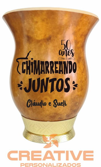 Cuia chimarrão com pé metal dourado - presente
