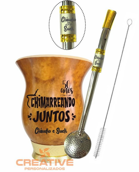 Cuia chimarrão com pé dourado e bomba inox - presente