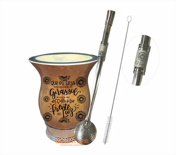 Cuia em porongo com pé prata e bomba inox - girassol