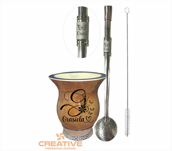 Cuia chimarrão com pé prata e bomba inox - casal namorados