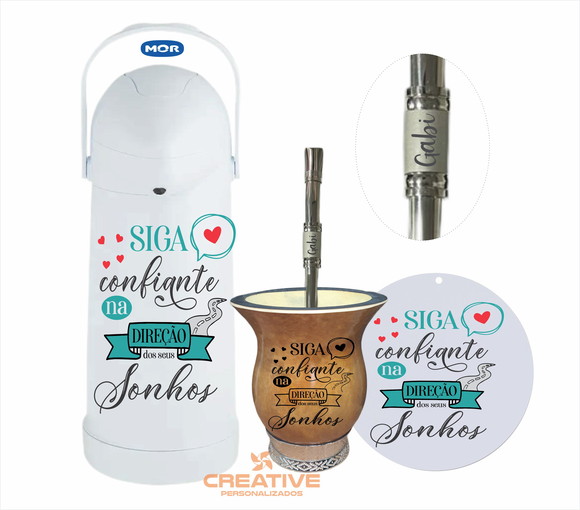 Kit chimarrão cuia e garrafa térmica 1L - siga sonhos frases