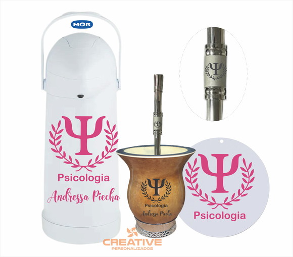 Kit chimarrão cuia e garrafa térmica 1L -presente psicologia