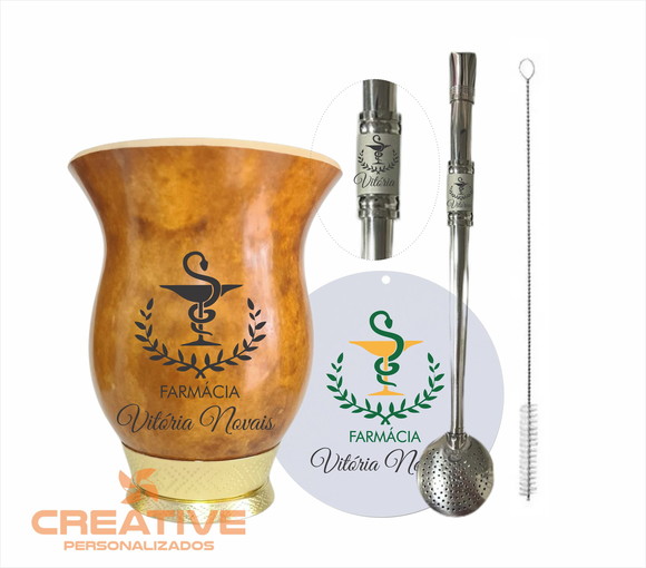 Cuia chimarrão pé dourado bomba inox vira mate - farmácia