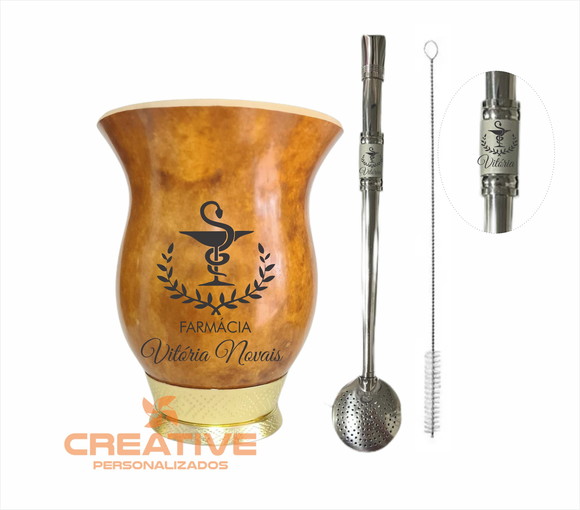 Cuia chimarrão pé dourado e bomba inox - profissões farmácia - Imagem 2