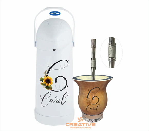 Kit chimarrão cuia bomba e garrafa térmica 1L com nome