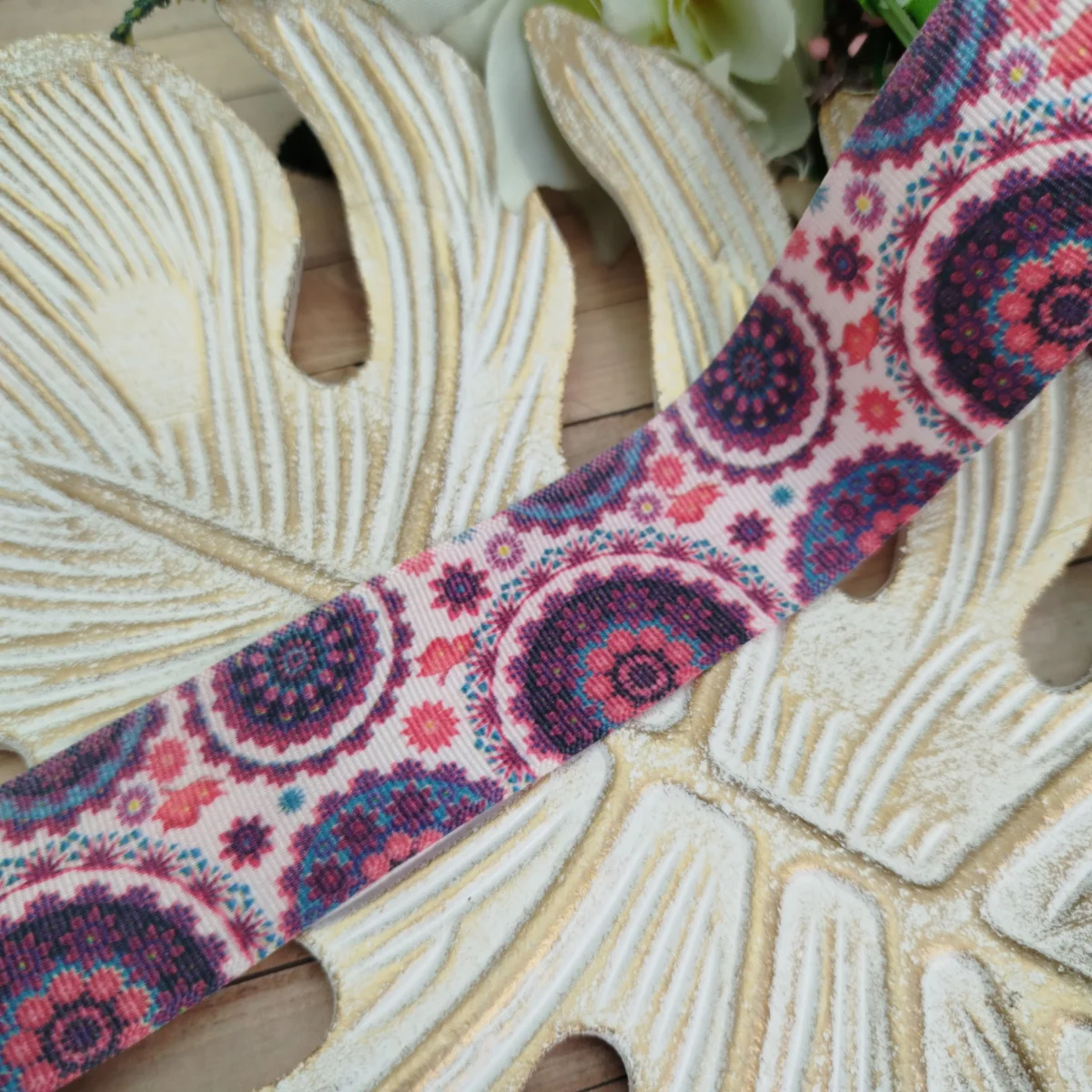 Fita Gorgurão 38mm nO 09 Estampa Mandala Boho Tons Rosa e Roxo - Imagem 3